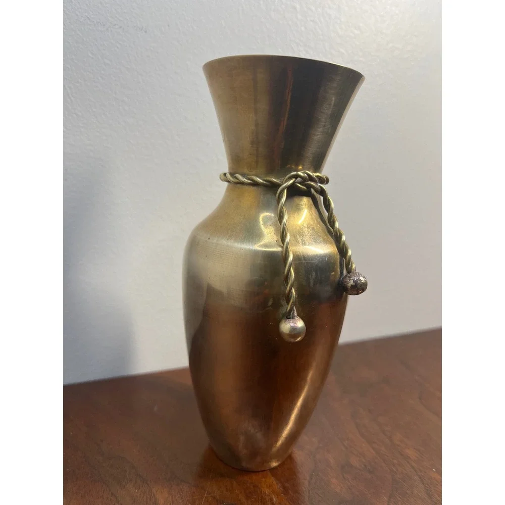 Vintage Brass Vase Rope Tie Tassel Detail Gold Metal MCM Boho Shelf Decor 7in